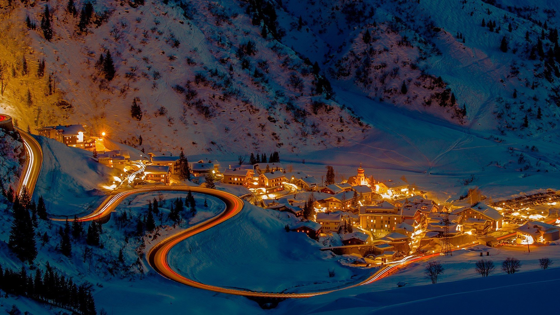 城市夜景,雪山,小镇,灯光,风景大片