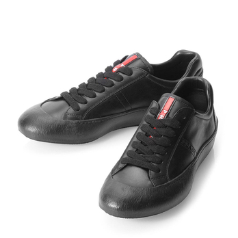 Prada黑色牛皮鞋头褶皱皮饰红标系带男士休闲