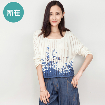 4春夏新款圆领提花针织衫 蓝白印花薄毛衣女