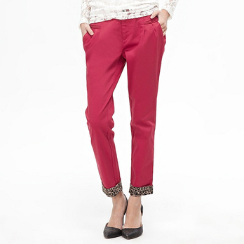 卷边时尚撞色小哈伦女裤 酒红色 - 休闲长裤\/女