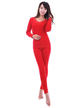红女士性感蕾丝花瓣低圆领双层保暖打底套装(