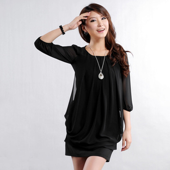 纯菲 韩版纯色百搭中袖显瘦百褶短款雪纺连衣