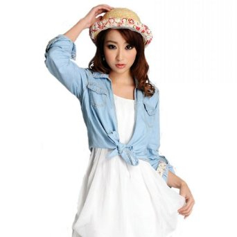 可伦 韩版牛仔外套 系带打结 女装牛仔衣小披肩