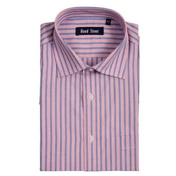 海岛棉80支全棉 八字领衬衫蓝色粉色条纹 - 衬