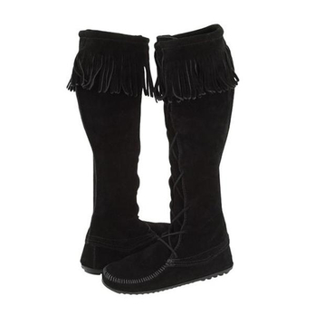 muchlot 圆头日韩系流苏平底牛筋女靴真皮反牛