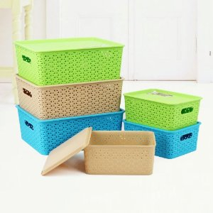 简家 桌面整理杂物收纳篮塑料收纳筐化妆品收纳箱K1383 (大号有盖HF-660米黄色) - 收纳\/储存\/收纳洗晒\/家居生活 - 360购物
