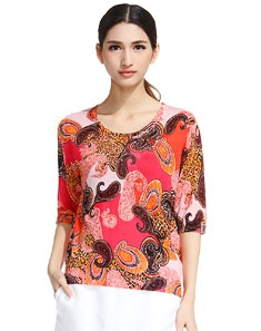 女款个性独特印图红色混色中袖针织衫 - 针织衫