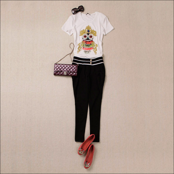 S9797 金丝盘花巴洛克皇后猫头鹰垫肩短袖T -