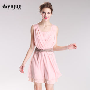 亦谷 女装春装 甜美方领褶皱雪纺深V领连衣裙