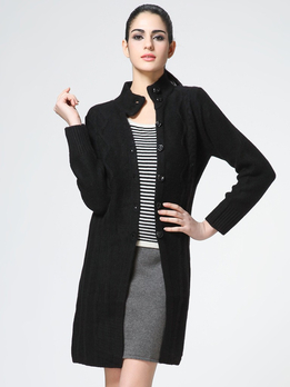 圣雪绒12Q4100%山<em>羊绒女</em>手编<em>长开衫</em>黑1129