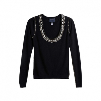 黑色 羊毛 亮片珠花修身式剪裁 大u领线衣 - 毛