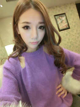 韩国款 甜美淑女公主 露锁骨肩膀 <em>紫色</em>长毛<em>兔毛</em>