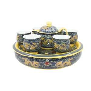 景德镇陶瓷茶具套装双层杯-黄金龙 送长辈 礼品