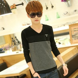 2014春装新品 <em>男式</em>最新时尚韩版<em>条纹</em>撞色套头