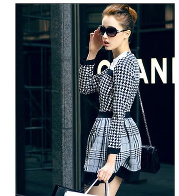 欧洲站大牌明星千鸟格秋冬女士连衣裙打底裙