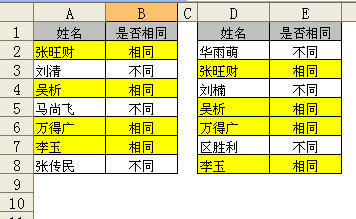 对比电子表格中左右姓名是否相同用什么公式_