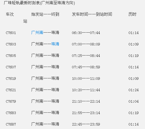 广州南站到珠海明珠站的轻轨时刻表及票价_3
